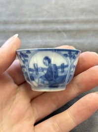 Six Chinese blue and white cups and ten saucers, Kangxi