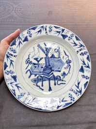 19 Chinese blue and white plates with antiquities, floral, and landscape design, Kangxi