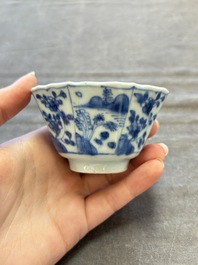 A set of 11 Chinese blue and white cups and saucers with riverscape design, Kangxi