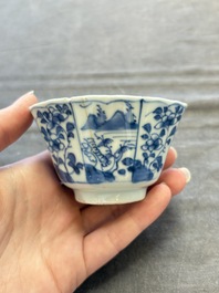 A set of 11 Chinese blue and white cups and saucers with riverscape design, Kangxi