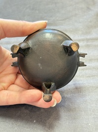 A Chinese archaistic miniature bronze 'qilin' tripod censer and cover, 'ding 鼎', Yuan/Ming