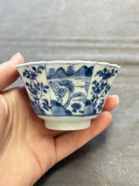 A set of 11 Chinese blue and white cups and saucers with riverscape design, Kangxi
