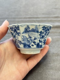 A set of 11 Chinese blue and white cups and saucers with riverscape design, Kangxi