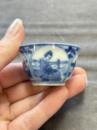 Six Chinese blue and white cups and ten saucers, Kangxi