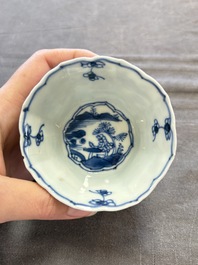 A set of 11 Chinese blue and white cups and saucers with riverscape design, Kangxi