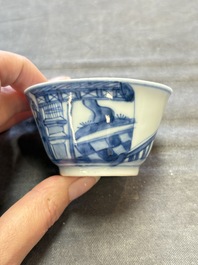 Six Chinese blue and white cups and ten saucers, Kangxi