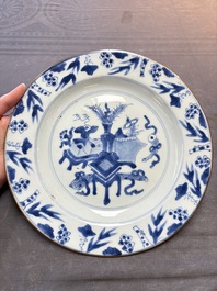 19 Chinese blue and white plates with antiquities, floral, and landscape design, Kangxi