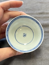 Six Chinese blue and white cups and ten saucers, Kangxi