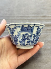 A set of 11 Chinese blue and white cups and saucers with riverscape design, Kangxi