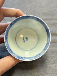 Six Chinese blue and white cups and ten saucers, Kangxi