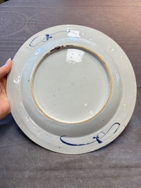 19 Chinese blue and white plates with antiquities, floral, and landscape design, Kangxi