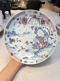 Four Chinese famille rose 'riverscape' plates and five 'flower basket' plates, Qianlong