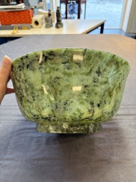 A large Chinese mottled-green serpentine bowl, 20th C.