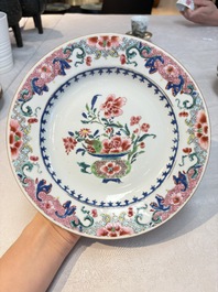 Four Chinese famille rose 'riverscape' plates and five 'flower basket' plates, Qianlong