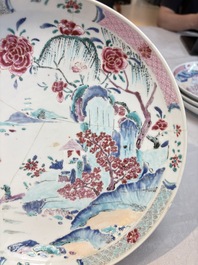 Four Chinese famille rose 'riverscape' plates and five 'flower basket' plates, Qianlong