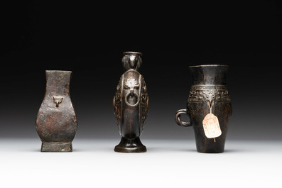 Three Chinese archaistic miniature bronze vases, Song/Yuan