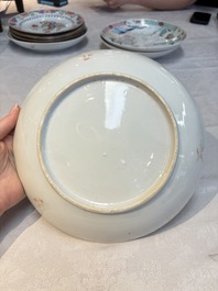 Four Chinese famille rose 'riverscape' plates and five 'flower basket' plates, Qianlong