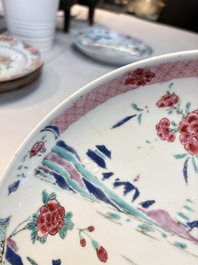 Four Chinese famille rose 'riverscape' plates and five 'flower basket' plates, Qianlong