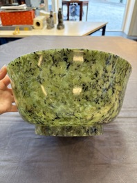 A large Chinese mottled-green serpentine bowl, 20th C.