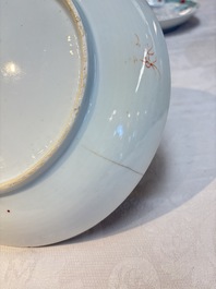 Four Chinese famille rose 'riverscape' plates and five 'flower basket' plates, Qianlong