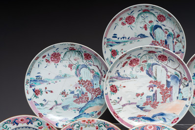 Four Chinese famille rose 'riverscape' plates and five 'flower basket' plates, Qianlong