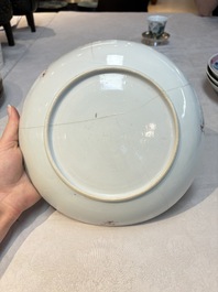 Four Chinese famille rose 'riverscape' plates and five 'flower basket' plates, Qianlong
