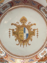 Four Chinese famille rose armorial plates and a dish, Qianlong