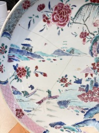 Four Chinese famille rose 'riverscape' plates and five 'flower basket' plates, Qianlong