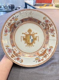 Four Chinese famille rose armorial plates and a dish, Qianlong