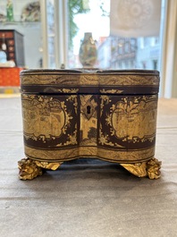 A fine Chinese Canton gilt-lacquered quadrifoil tea chest, 19th C.