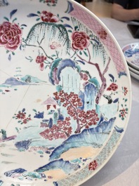 Four Chinese famille rose 'riverscape' plates and five 'flower basket' plates, Qianlong
