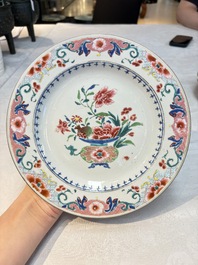 Four Chinese famille rose 'riverscape' plates and five 'flower basket' plates, Qianlong