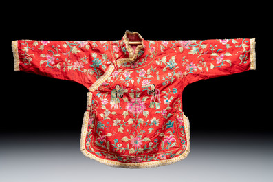 Two Chinese embroidered silk women&rsquo;s robes and an embroidered silk panel, 19th C.