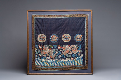 A fine Chinese kesi square 'dragon' panel and four silk embroideries with floral design, 19th C
