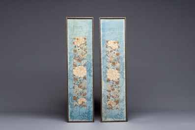 A fine Chinese kesi square 'dragon' panel and four silk embroideries with floral design, 19th C