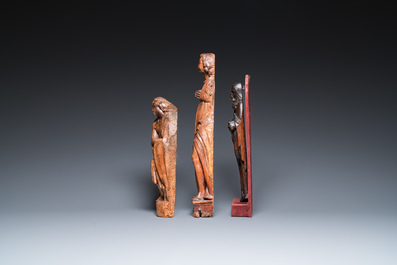 Three carved wooden sculptures of the Pensive Christ, Antonius the Great and a Saint, 16th C.