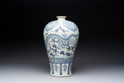A Chinese blue and white Yuan-style 'dragon' 'meiping' vase, 20th C.