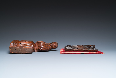 A carved oak figure of a seated Mary and a panel with Saint John the Baptist and Mary, Flanders and/or Northern France, 15/16th C.