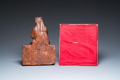 A carved oak figure of a seated Mary and a panel with Saint John the Baptist and Mary, Flanders and/or Northern France, 15/16th C.