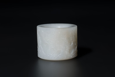 A fine Chinese white jade inscribed archer ring, Zigang 子岡 mark, 18th C.