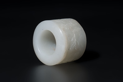 A fine Chinese white jade inscribed archer ring, Zigang 子岡 mark, 18th C.