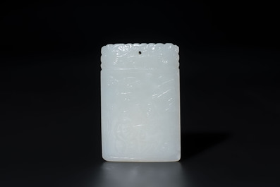 A Chinese white jade 'two sages beneath a pine tree' plaque, Zigang 子岡 mark, Qianlong