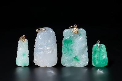 Four Chinese jadeite pendants with gold and silver mounts, 19/20th C.