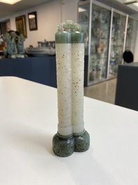 A Chinese reticulated white jade parfumier with spinach-green jade cover and base, Qing