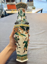 A pair of Chinese famille verte 'warriors' vases and a pair of 'birds among blossoming branches' vases, 19th C.