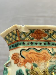 A pair of Chinese famille verte 'warriors' vases and a pair of 'birds among blossoming branches' vases, 19th C.