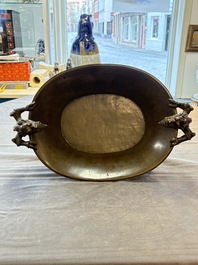 A large Chinese bronze basin with chilong handles, Qianlong mark, 20th C.