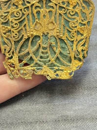 A fine Chinese gold and bronze plaque from a hat ornament, Wei/Jin
