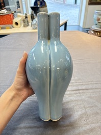 A Chinese claire-de-lune triple-neck vase and a green-glazed 'Meiping' vase, Qianlong mark, 19th C.