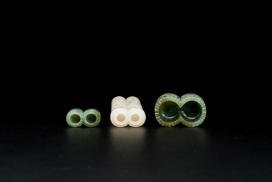A Chinese reticulated white jade parfumier with spinach-green jade cover and base, Qing